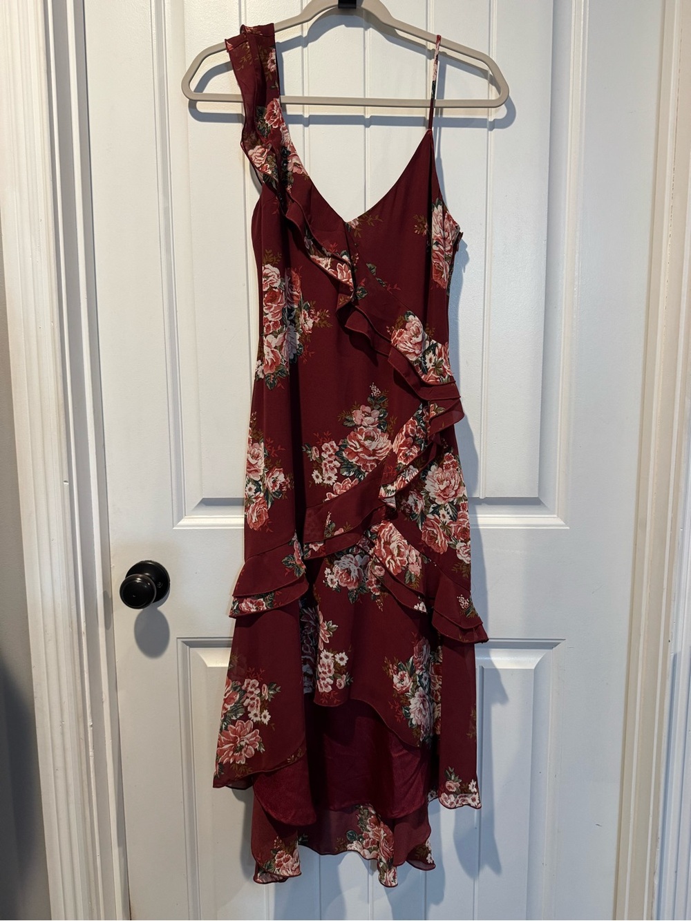 Wayf Burgundy Floral Asymmetrical Ruffle Midi Dress